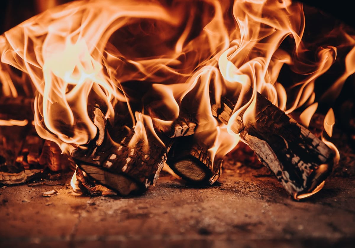 Close-up of burning logs with tall flames on a stone hearth