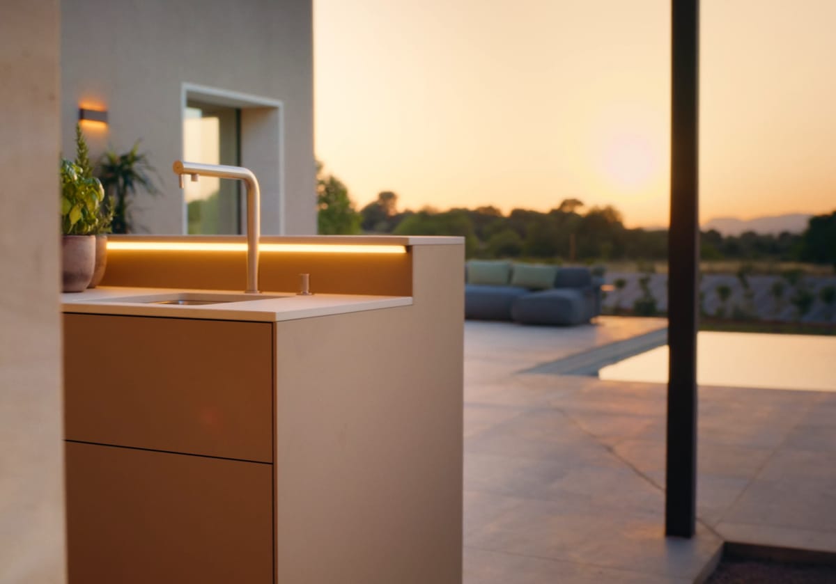 A sand-colored kitchen unit with a sink and a warm LED light strip, a terrace and the evening sky behind it